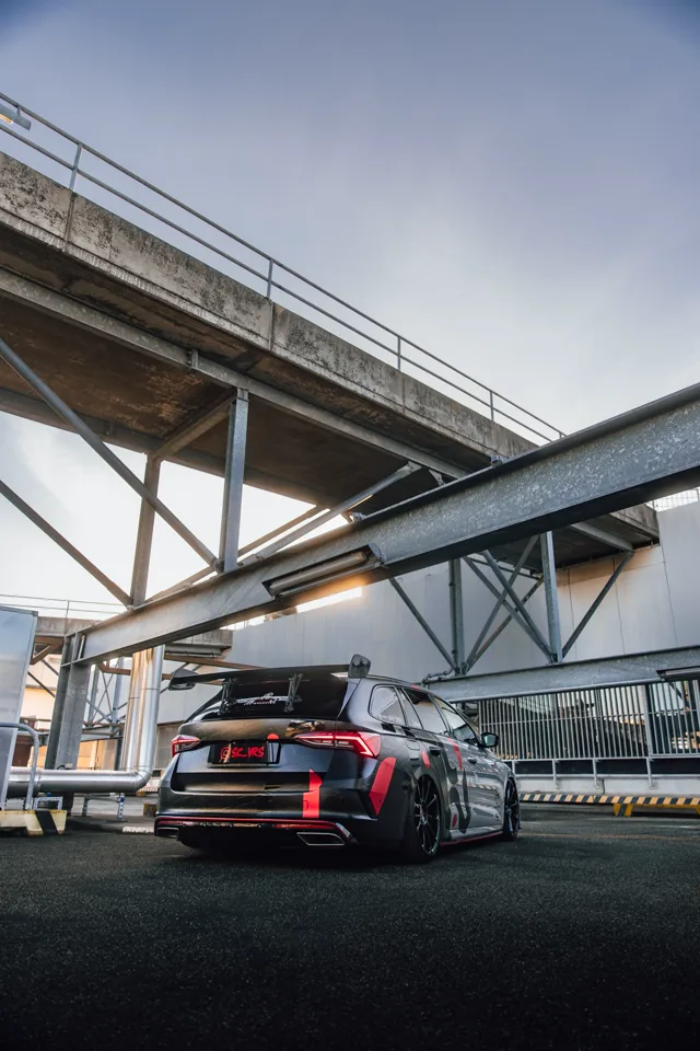 Rear lights and custom black and red detailing on the Octavia RS
