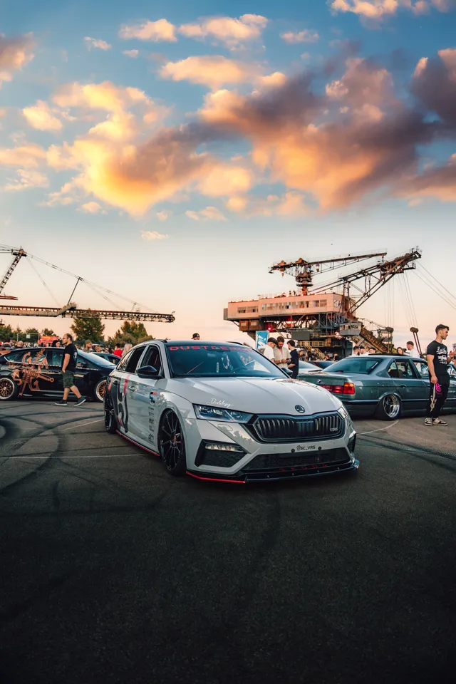 Front view of the Octavia RS at an outdoor car meet in evening light