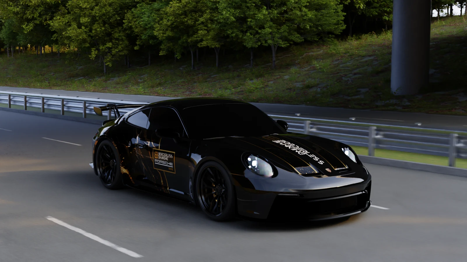 Two Borderless Banking Porsche concepts and a helicopter on a highway