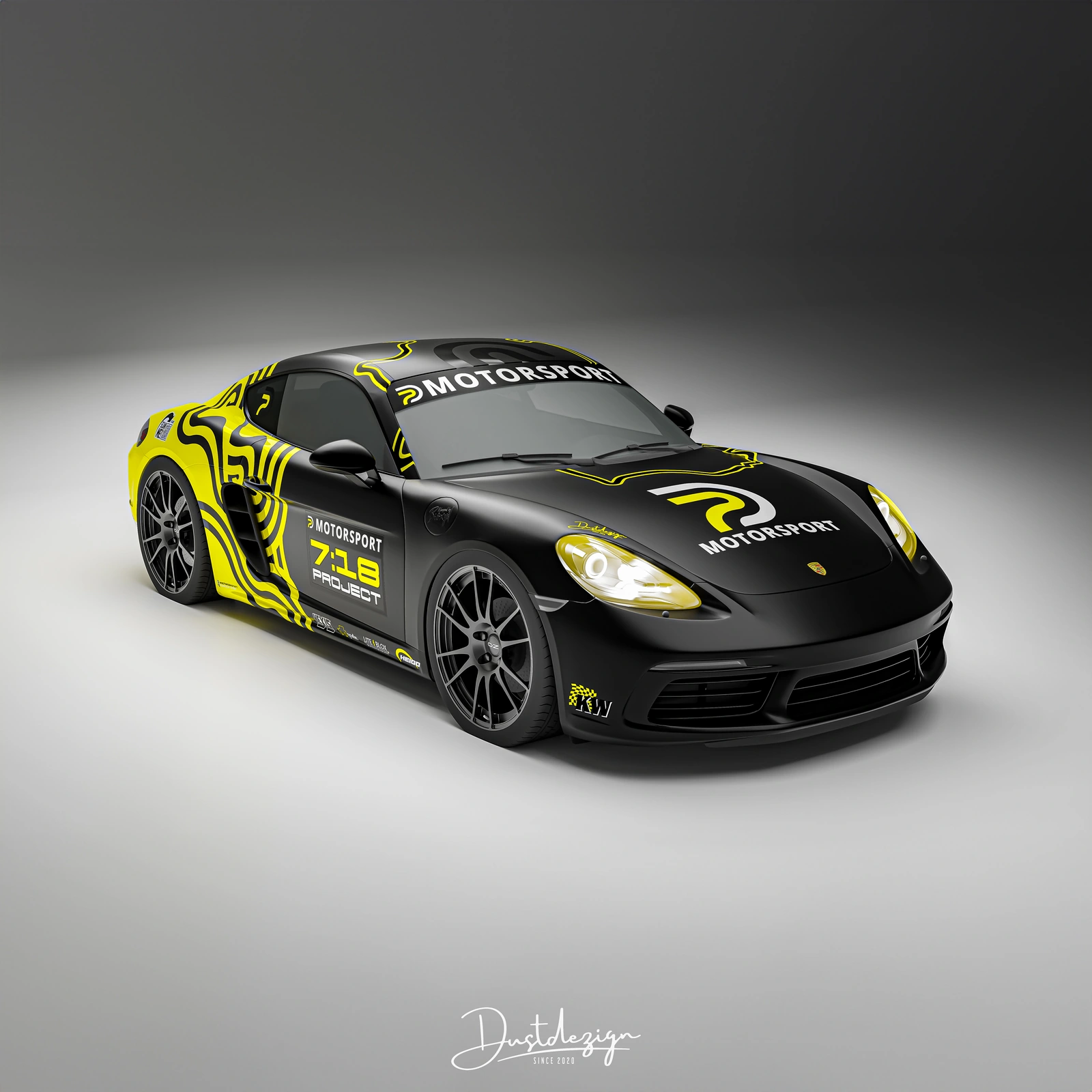 Porsche 718 Cayman concept for PD Motorsport with black and fluorescent yellow livery, rendered in a grey studio