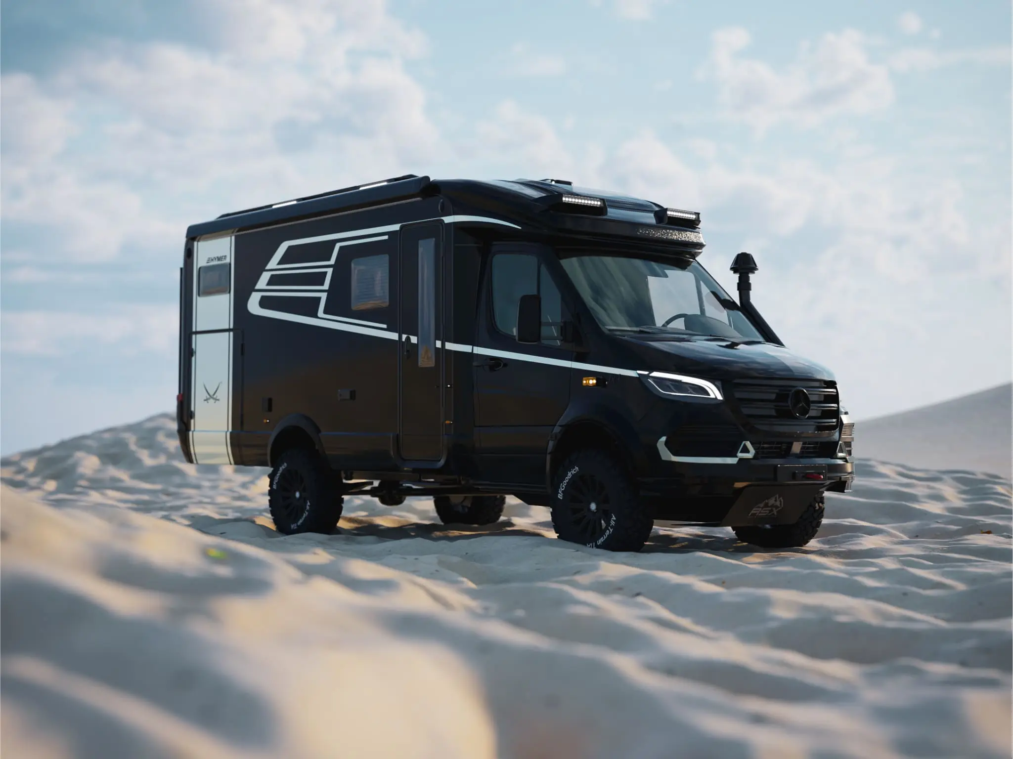 Schwarzes HYMER-Expeditionsfahrzeug mit weißer geometrischer Grafik