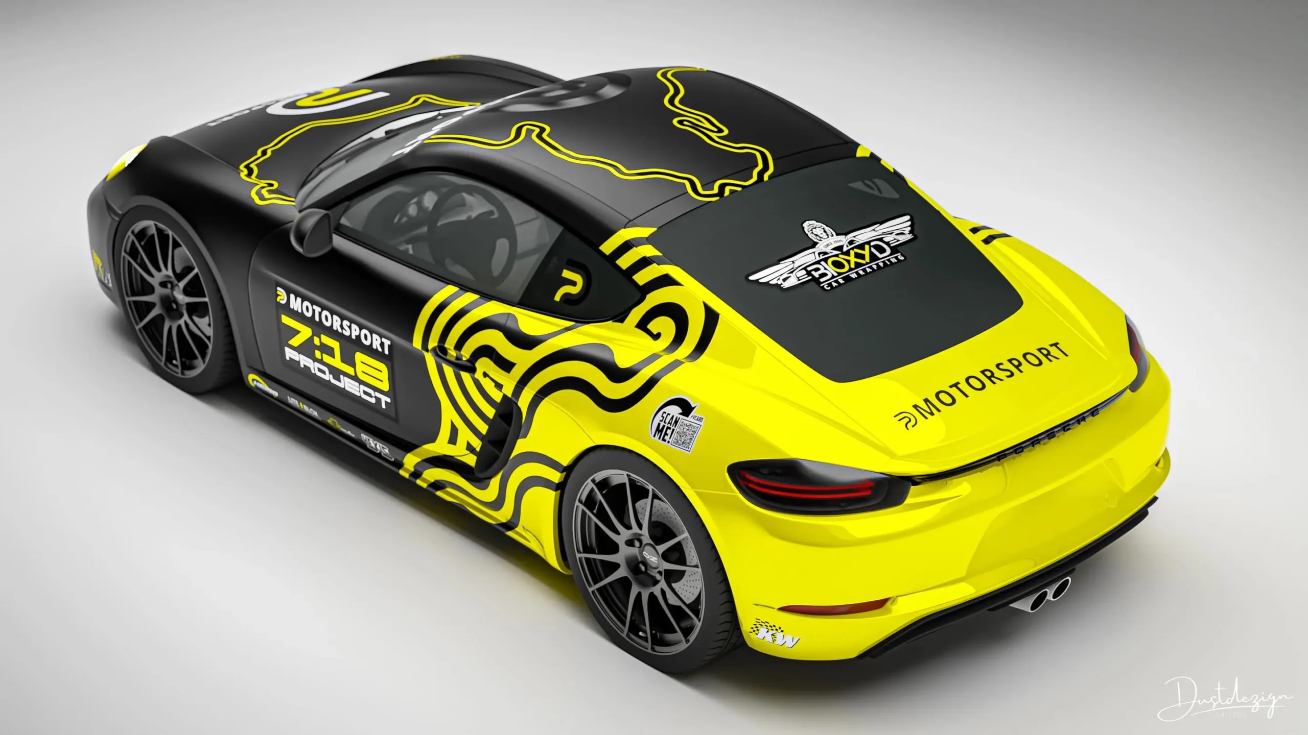 Gelb-schwarzes Porsche 718 Motorsport-Livery-Konzept