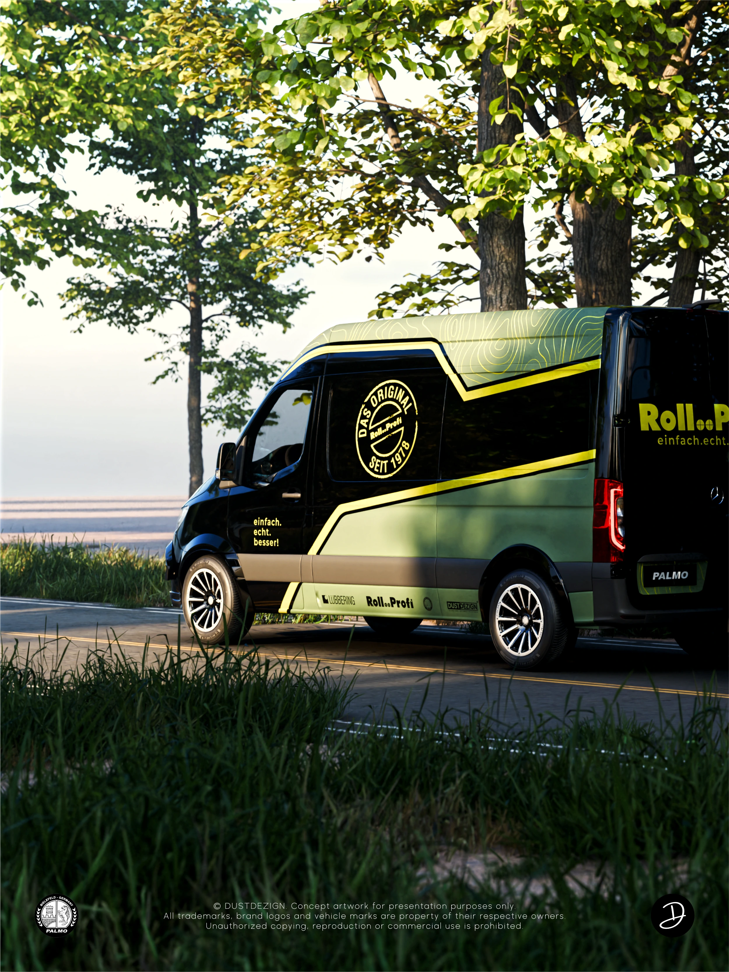 Lübbering Sprinter von schräg hinten mit limettengelbem Markenzeichen und grüner Grafik