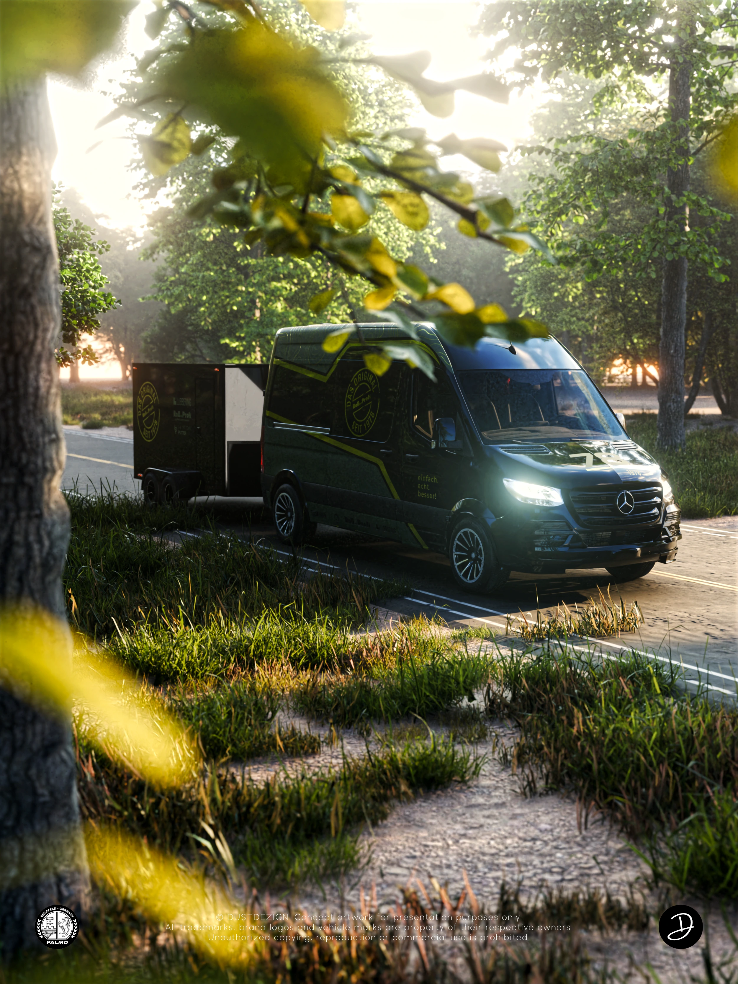 Lübbering Roll..Profi Sprinter mit passendem Anhänger zwischen Bäumen auf einer Waldstraße