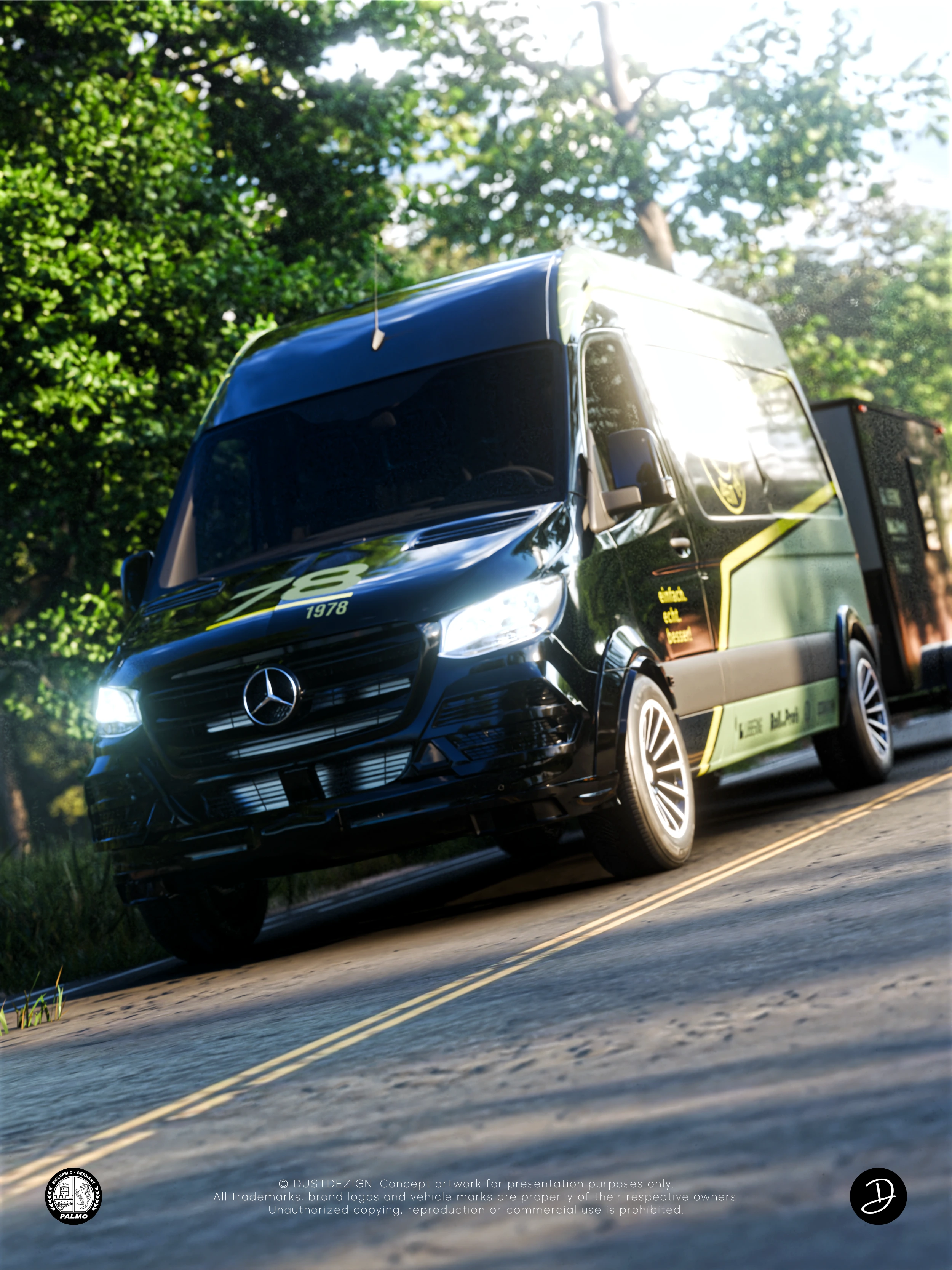 Lübbering Roll..Profi Mercedes-Benz Sprinter und Anhänger mit einem schwarzen, grünen und limettengelben Grafikkonzept