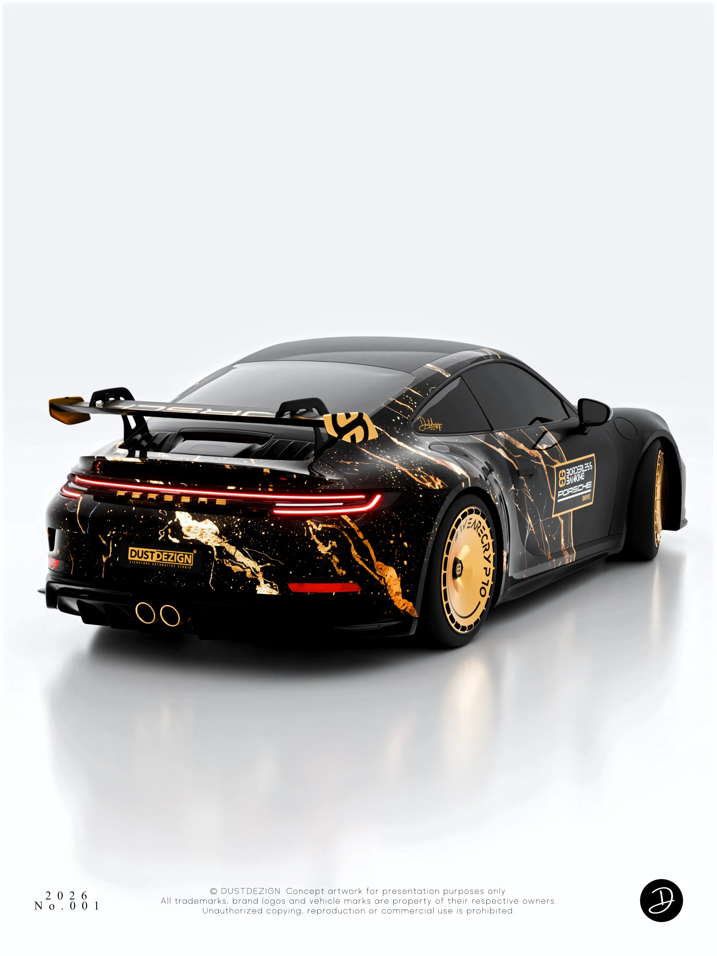 Porsche rear three-quarter view showing the gold fracture pattern