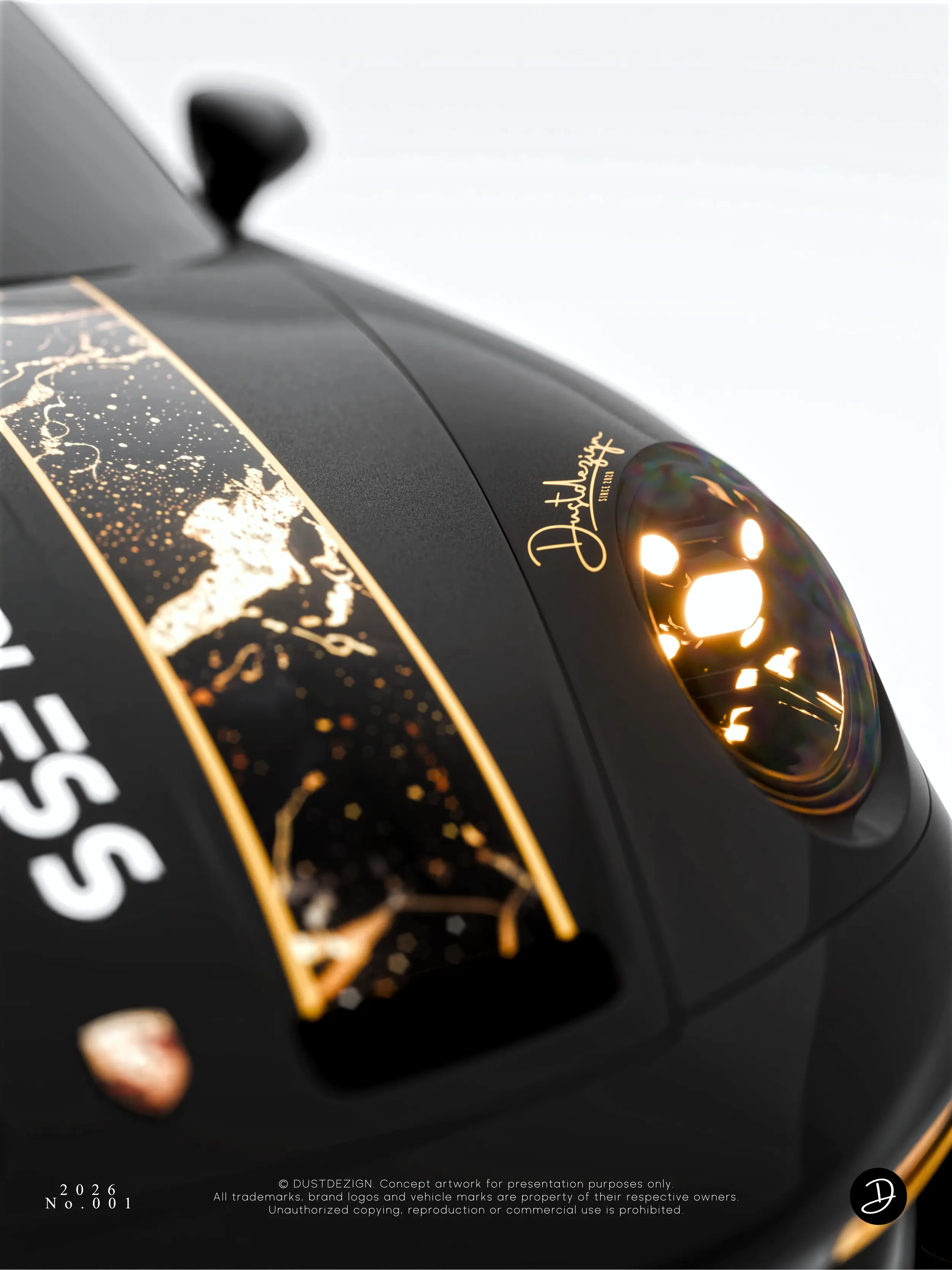 Porsche headlight and hood detail with gold livery accents