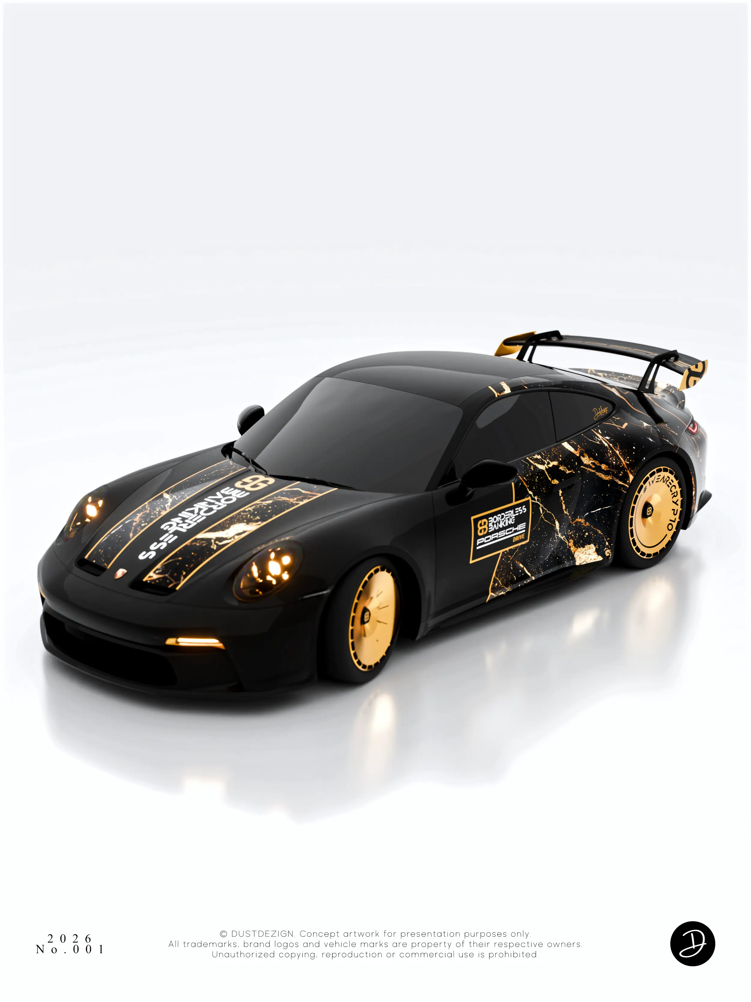 Full front three-quarter view of the Porsche black-and-gold livery