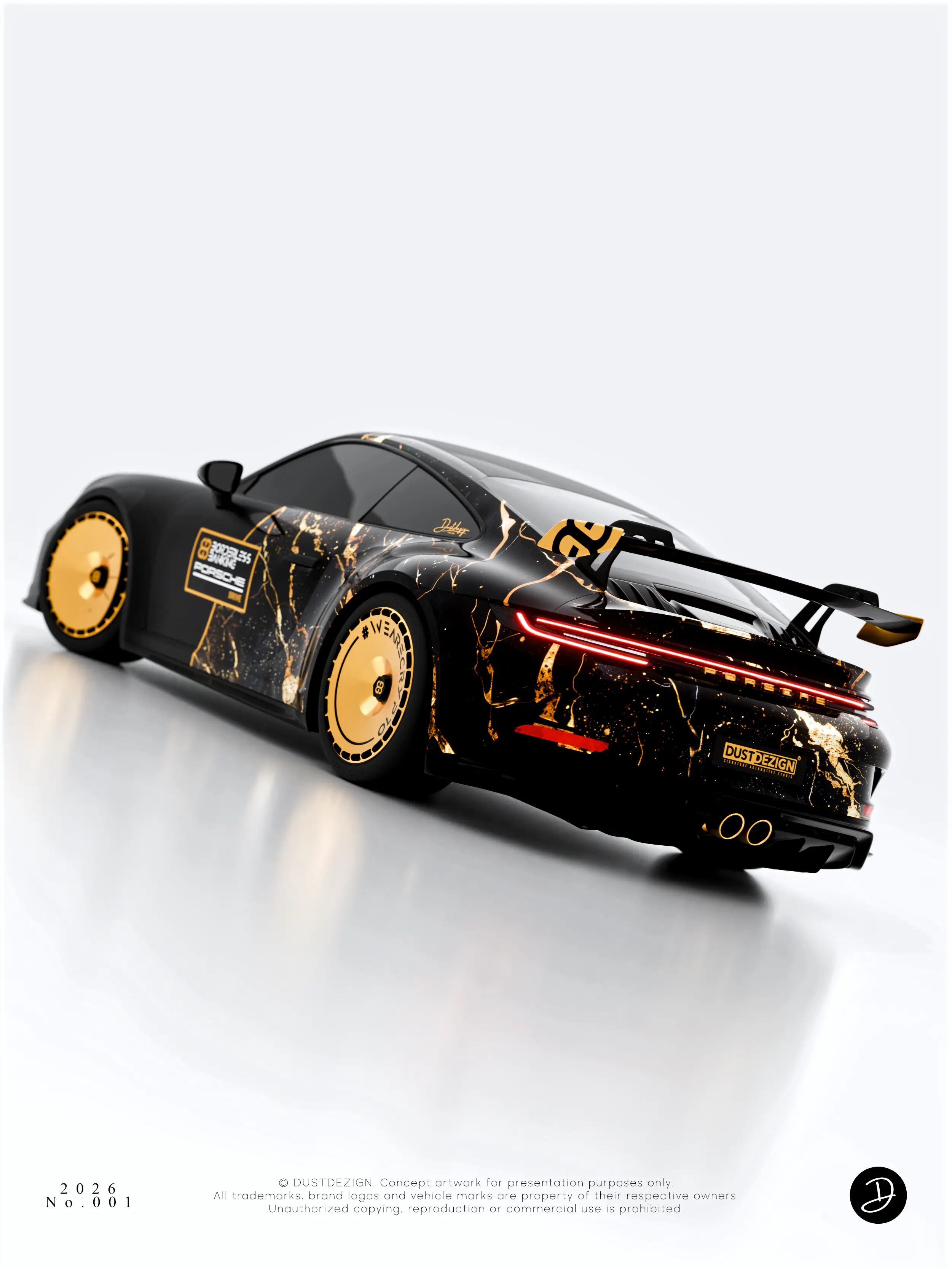 Porsche rear left view showing continuous graphics across the vehicle