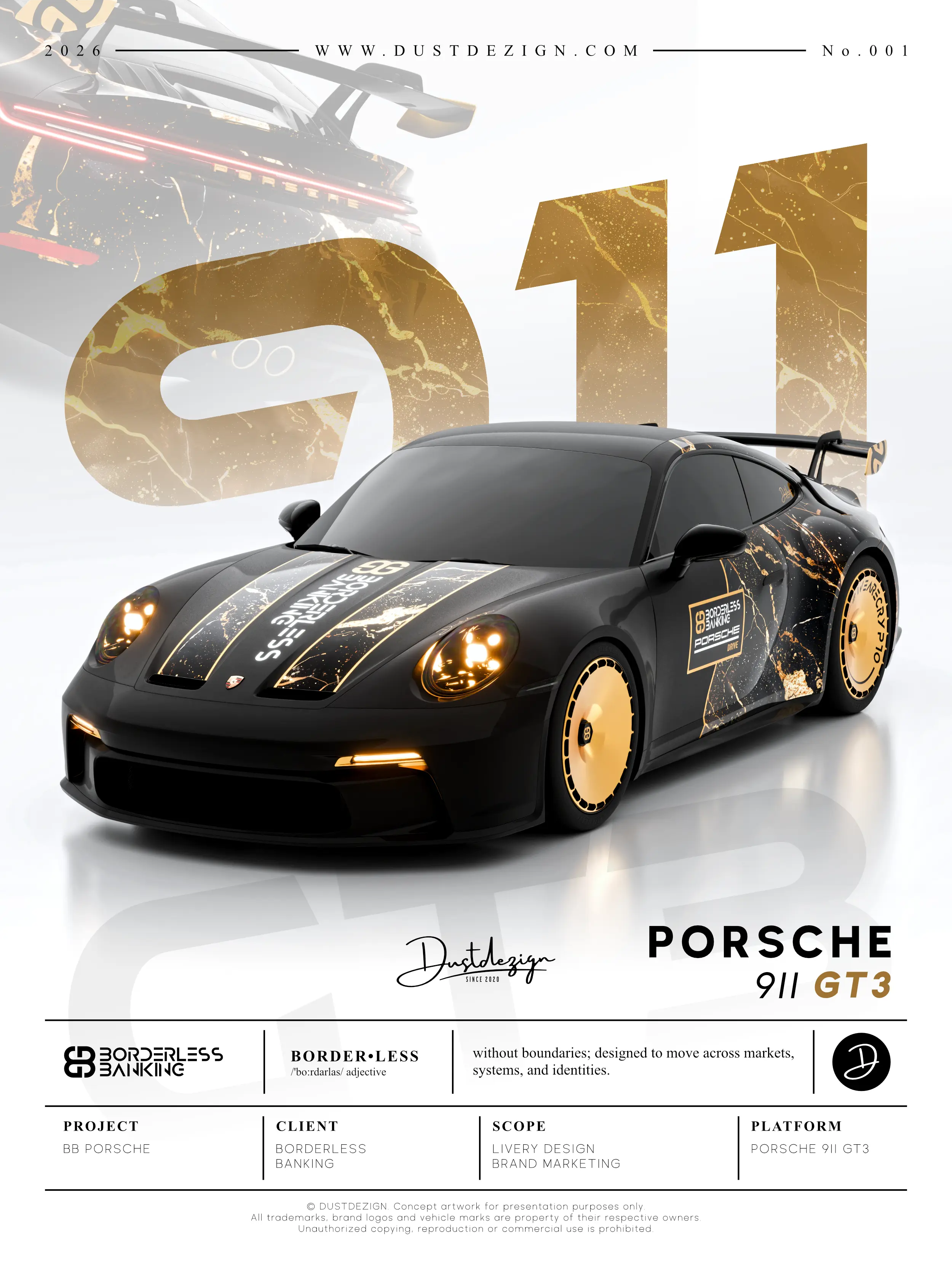 Porsche 911 GT3: schwarz-goldenes Konzeptposter für Borderless Banking