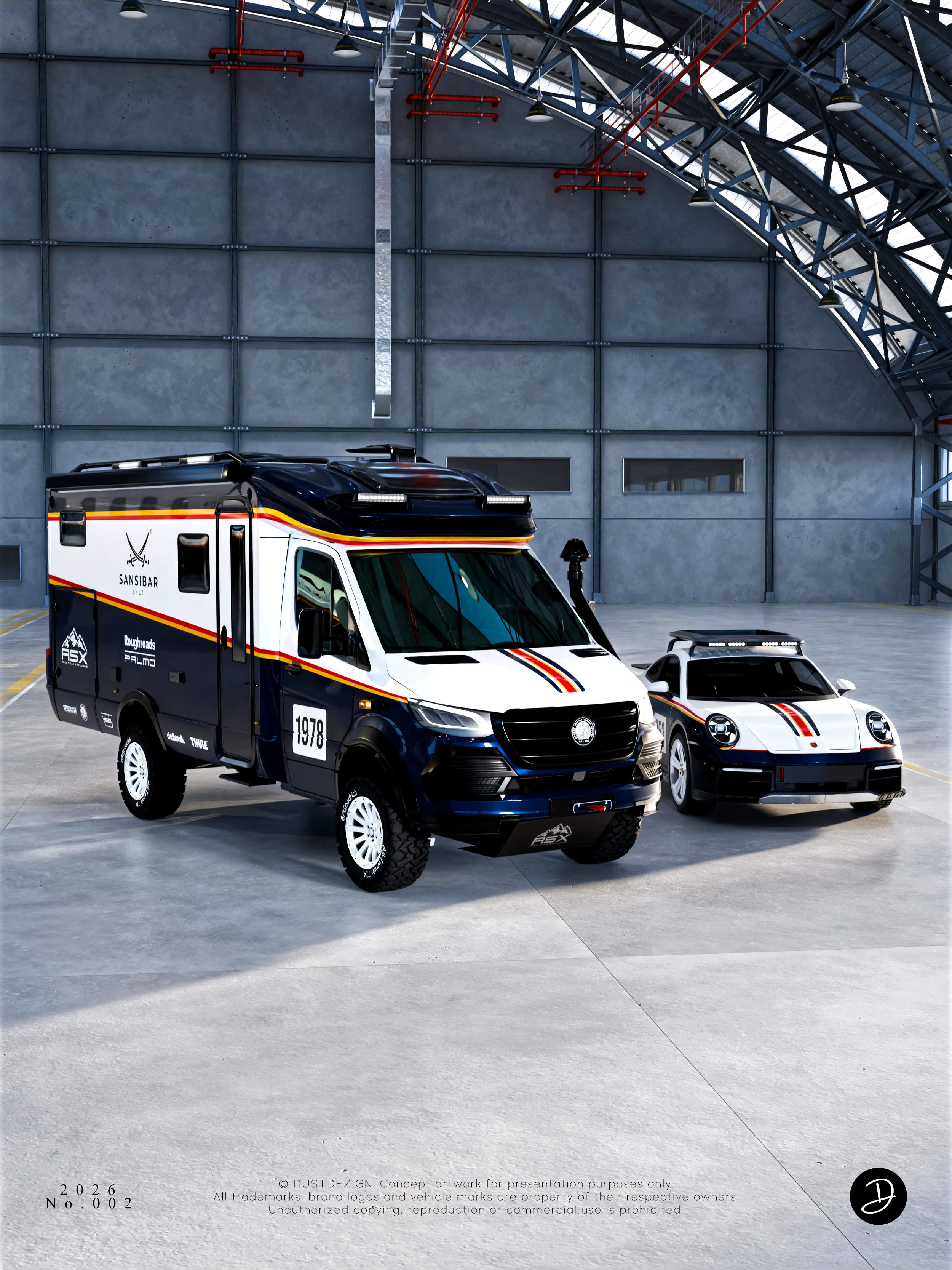 SANSIBAR HYMER concept beside a matching sports car in a hangar