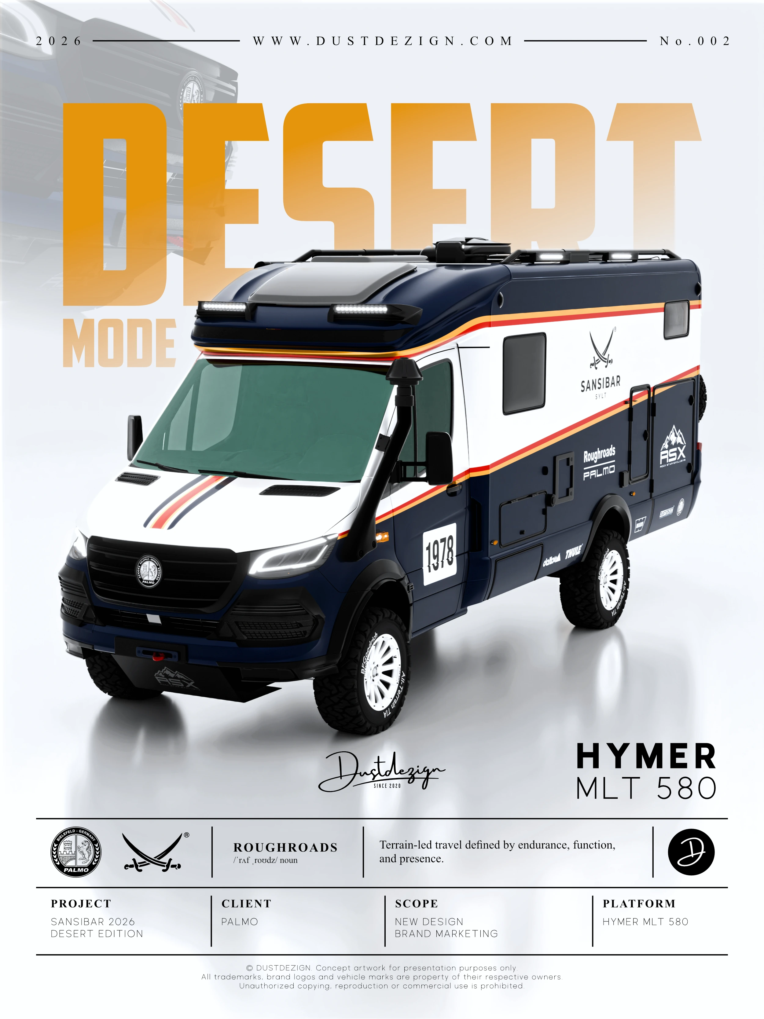 Originales SANSIBAR DESERT Edition Poster mit einem dunkelblau-weißen HYMER MLT 580 sowie roten und warmgoldenen Streifen