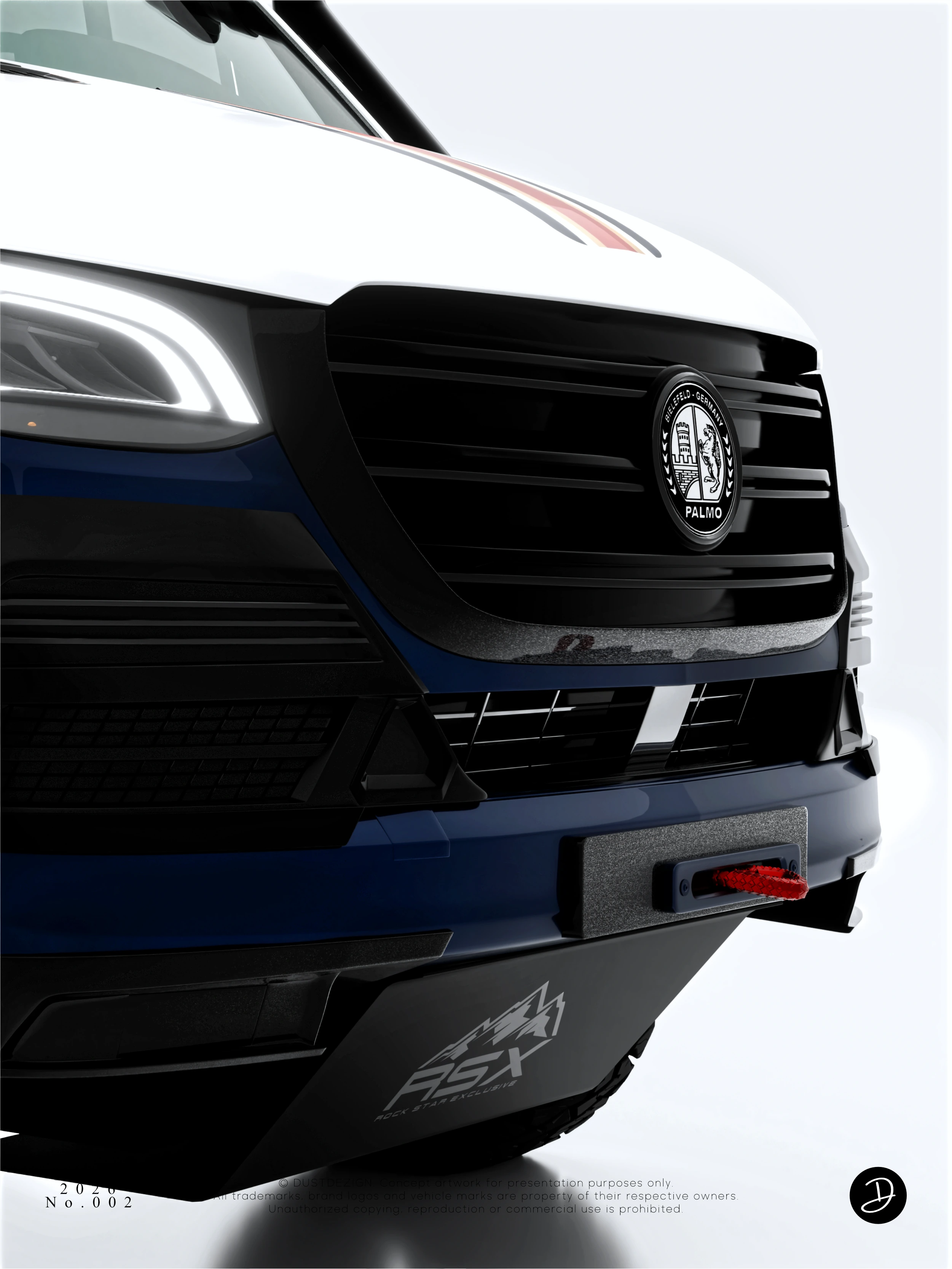 Close-up of the HYMER front grille, PALMO emblem and RSX lower protection panel