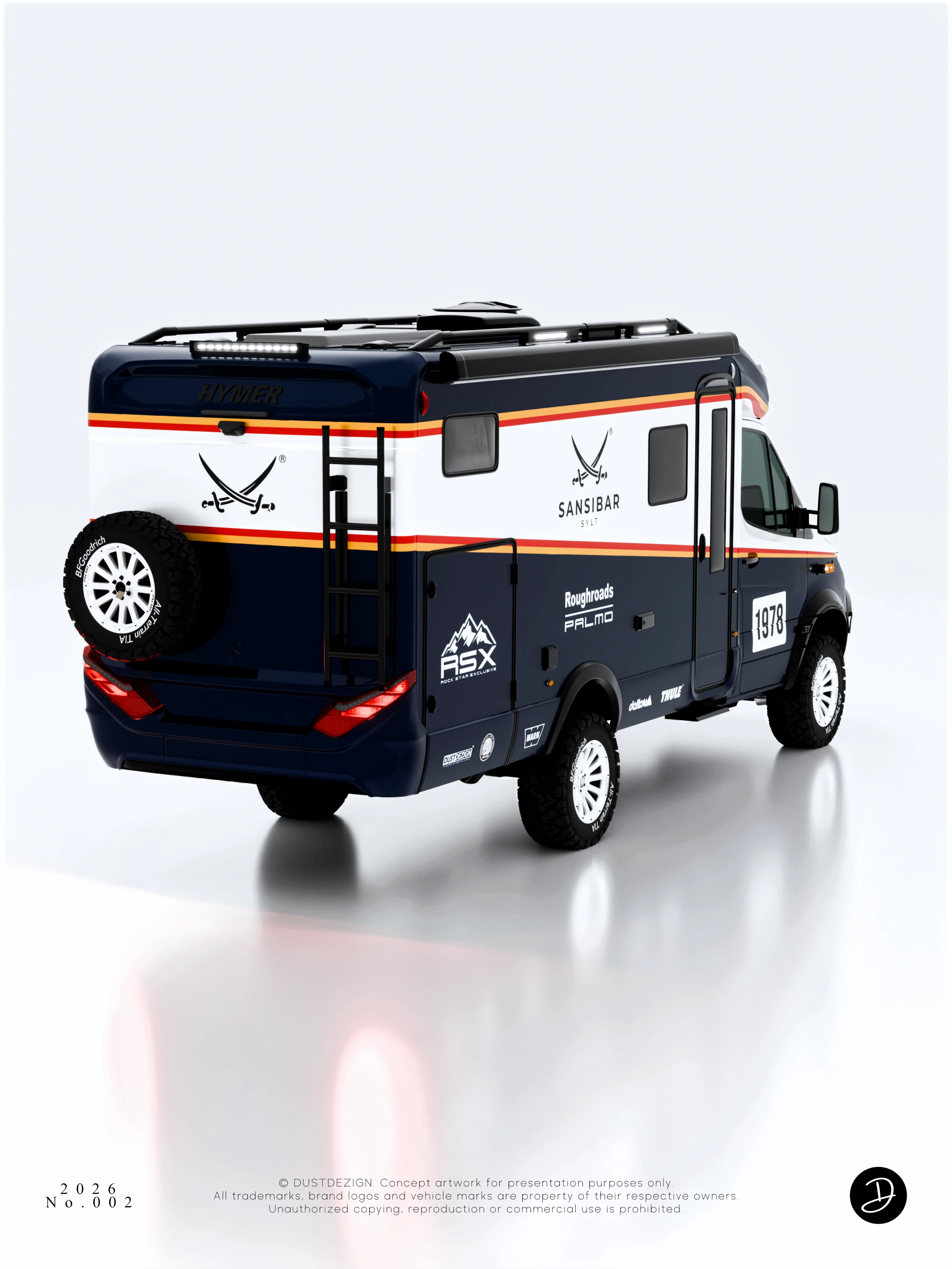 Rear three-quarter view of the HYMER concept showing SANSIBAR branding, continuous stripes and the spare wheel