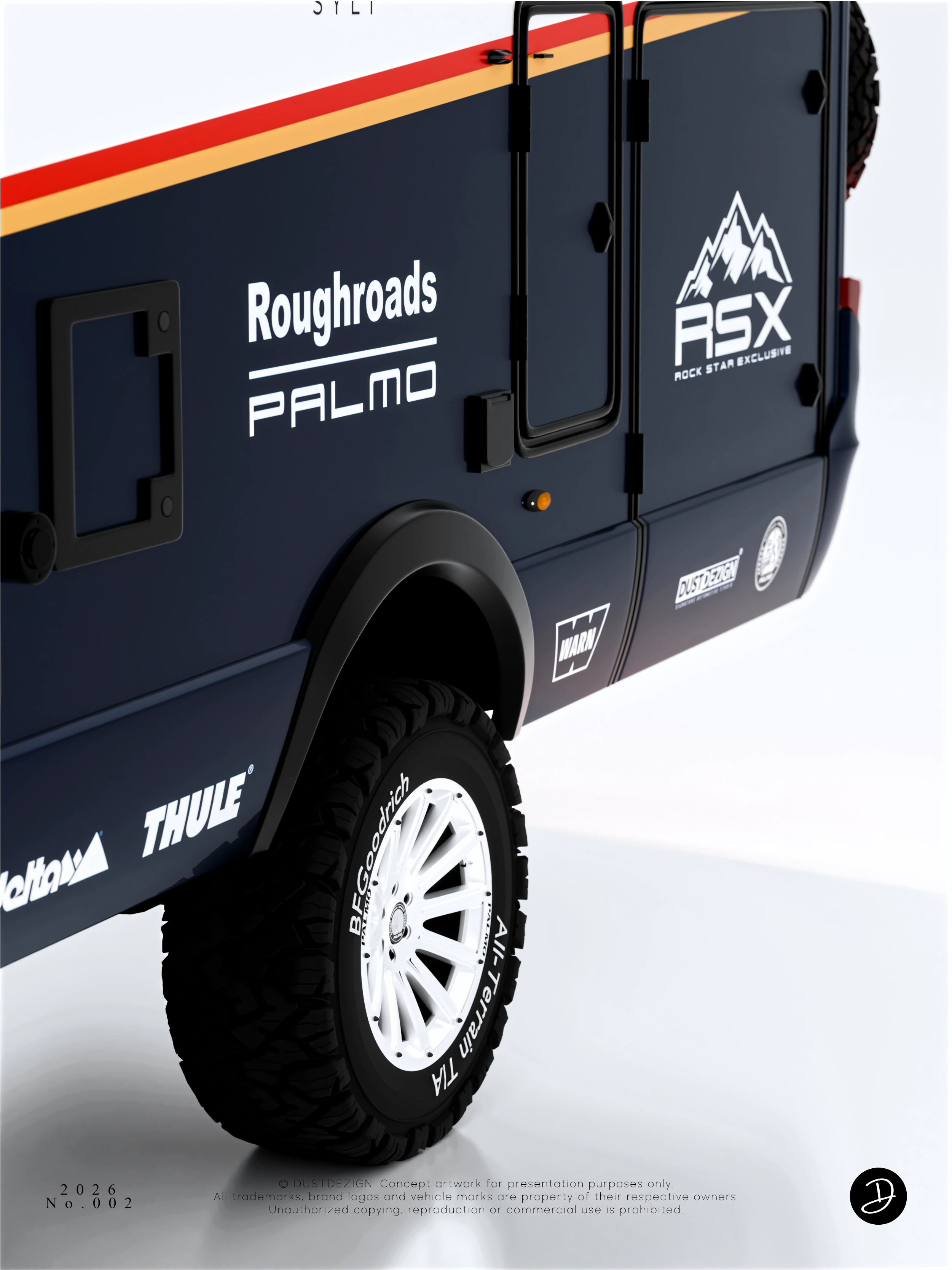 Side panel and wheel detail showing Roughroads, PALMO and RSX graphics on the navy HYMER concept