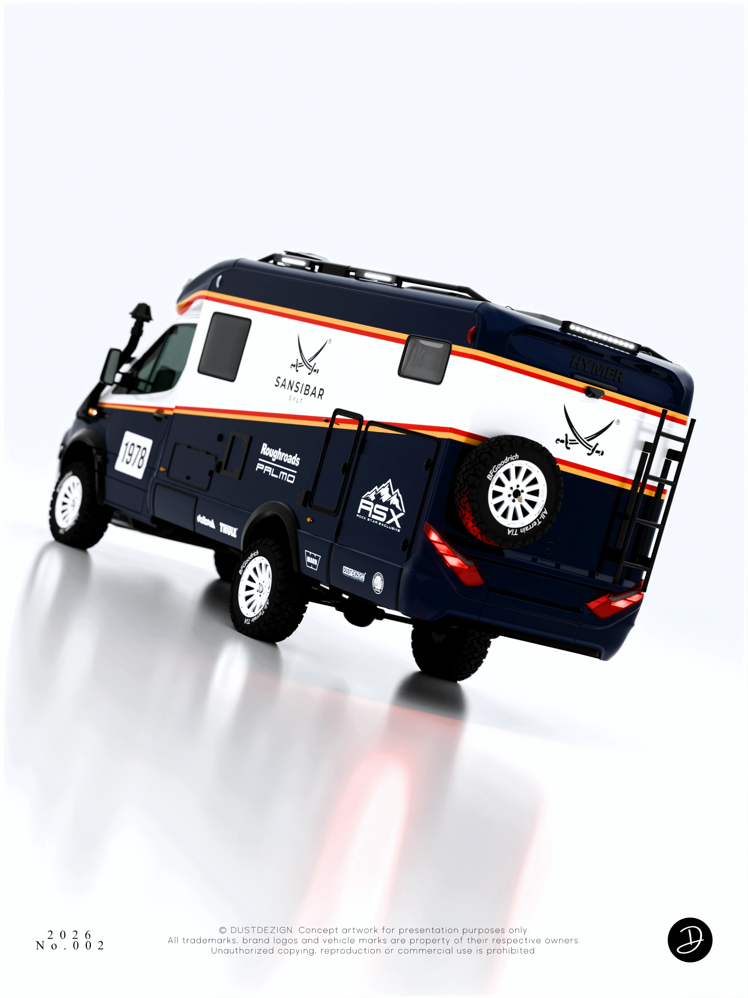 Opposite rear three-quarter view of the SANSIBAR HYMER concept showing the graphic flow around the vehicle